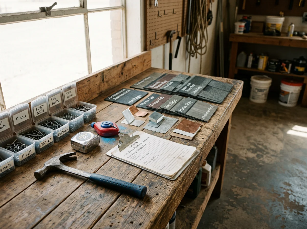 Roofing tools and materials arranged on a work surface, representing the trade expertise of a residential and commercial roofing contractor.