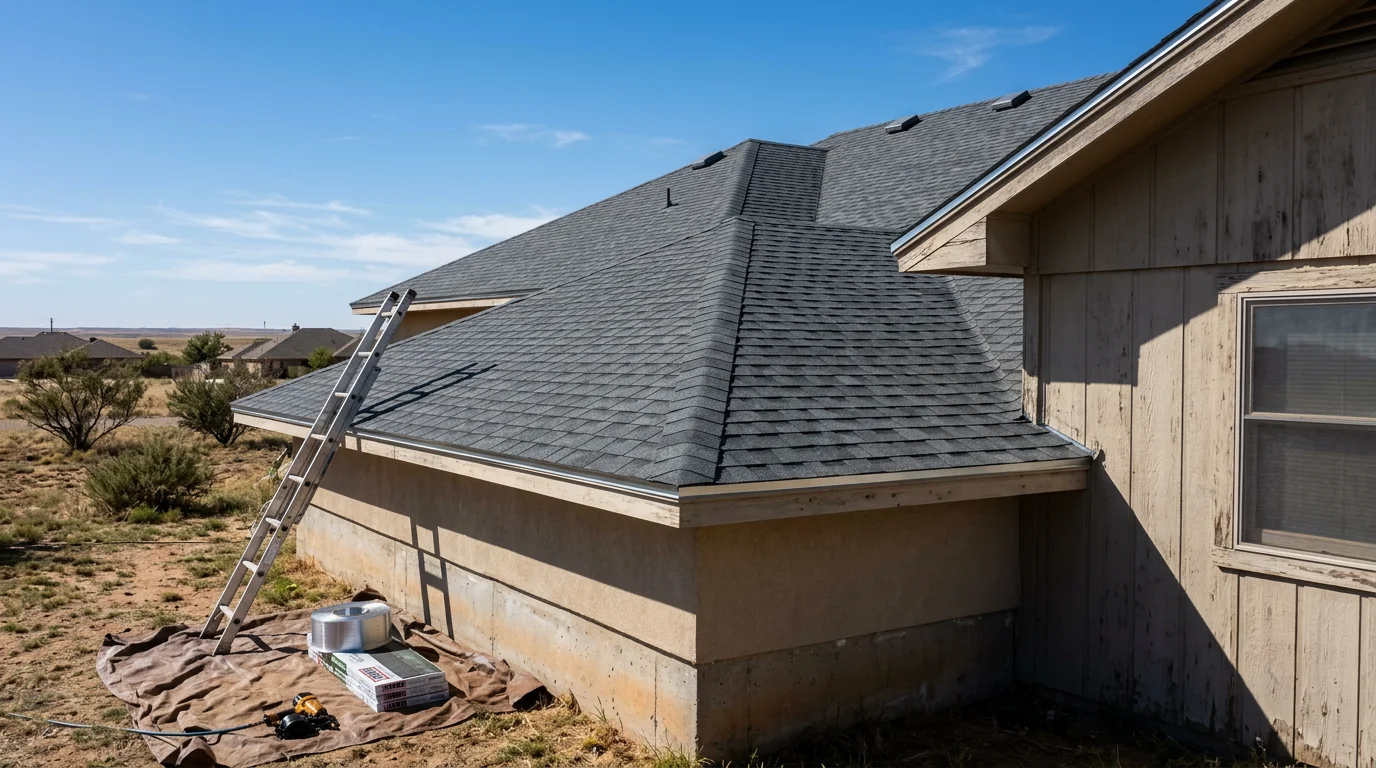 Roofer installing shingles on a residential home in Amarillo, Texas