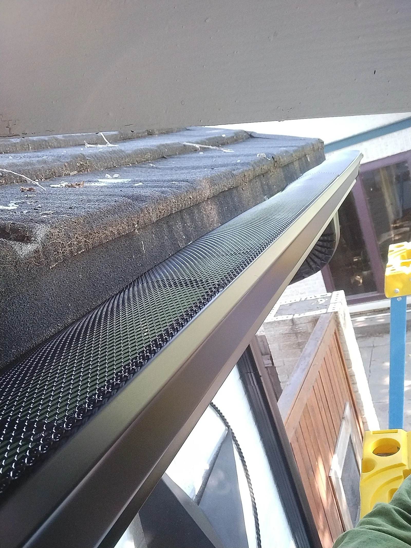 Black mesh gutter guard installed on aluminum gutters with white fascia trim along roofline