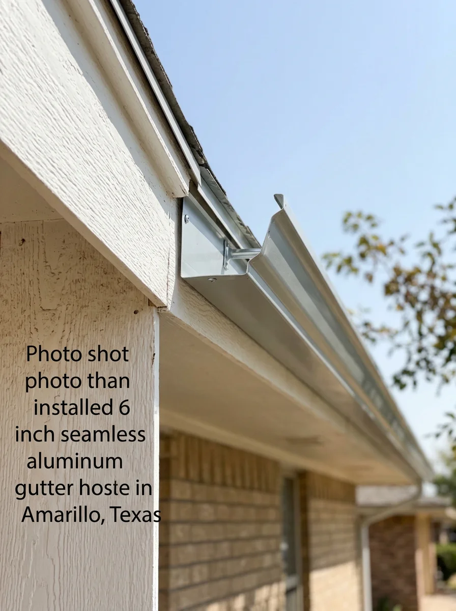 Close-up of a newly installed 6-inch seamless gutter on an Amarillo home with fascia board visible against a clear Texas Panhandle sky.