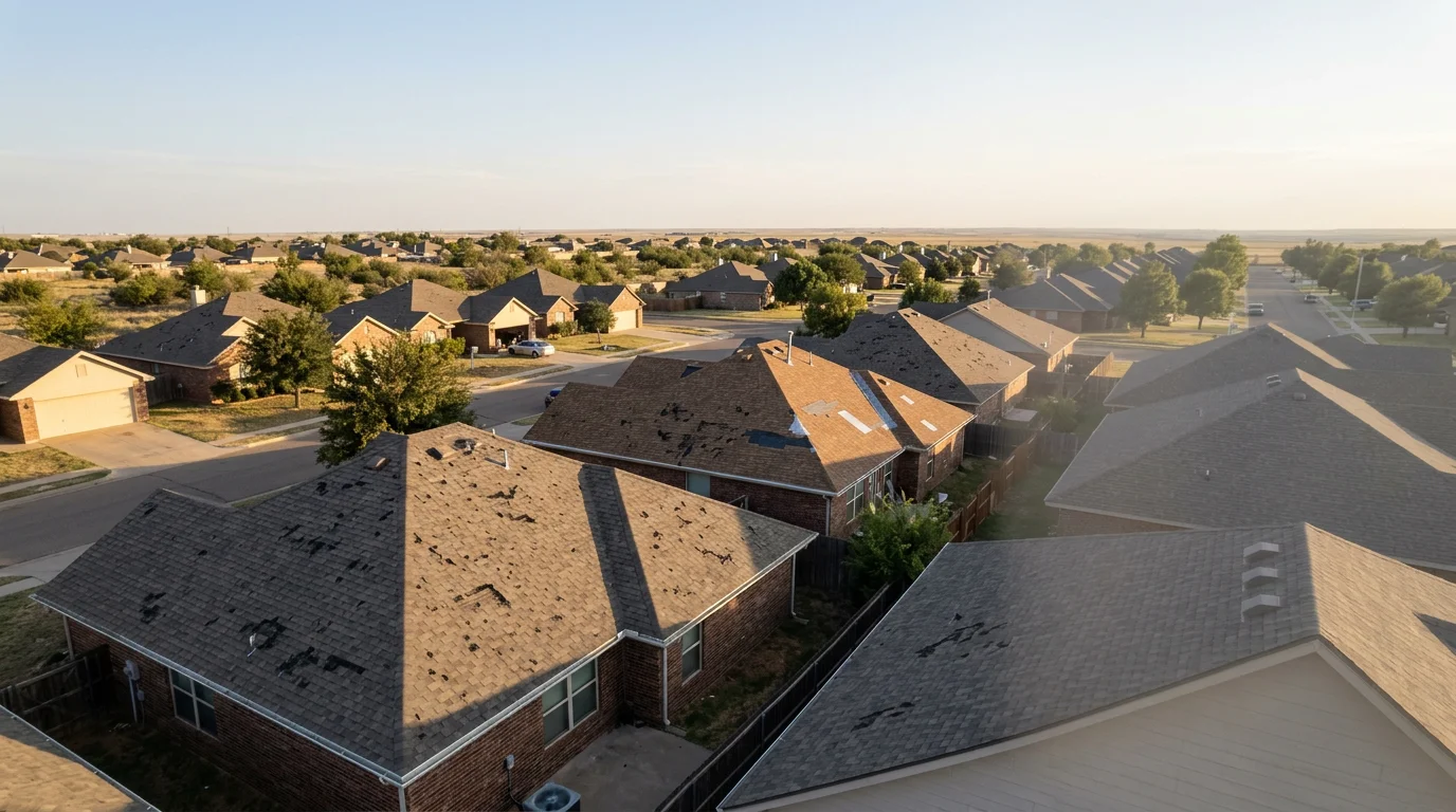 Aerial view of an Amarillo, TX residential neighborhood showing asphalt shingle rooftops with visible hail damage and seamless gutters along the eaves.