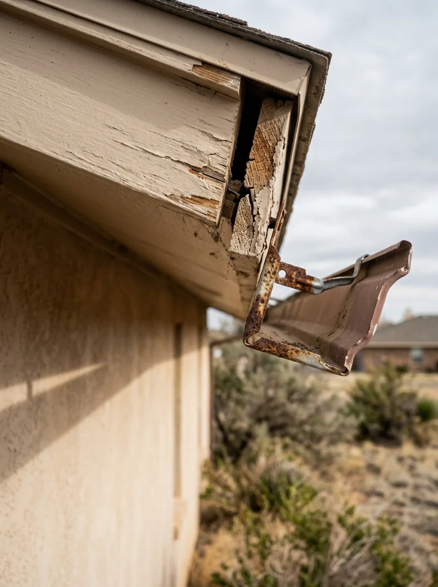 Close-up of wind-damaged fascia board and gutter bracket on a Bushland, TX ranch-style home showing separation caused by sustained Panhandle wind exposure.
