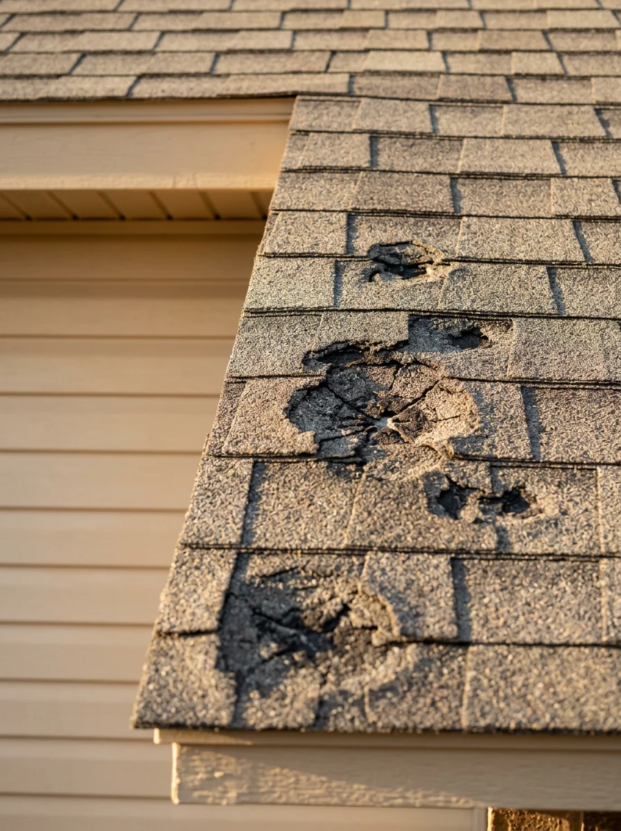 Close-up of hail-damaged asphalt shingles on a Canyon, TX home showing granule loss and bruising consistent with large-diameter hail impact.