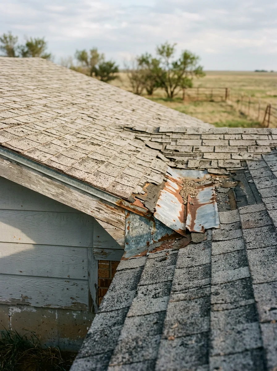 Roofing crew on the roof of an older Claude, TX home inspecting aging flashing and shingle condition after a Panhandle hail event, with open rangeland visible in the background.
