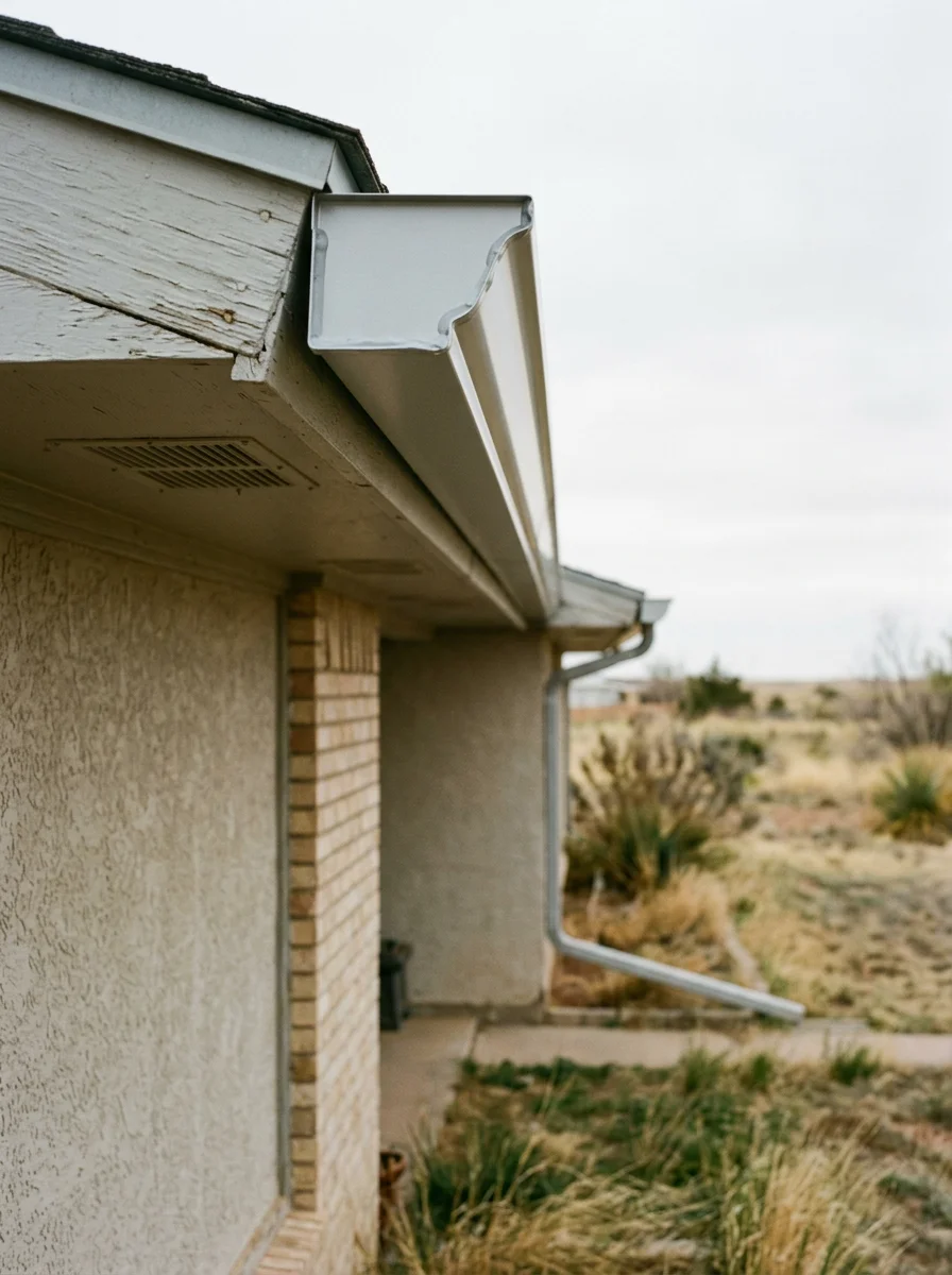 Close-up of a seamless gutter installation on a Dalhart, TX home showing the continuous profile along a long eave run with a downspout directed away from the foundation.