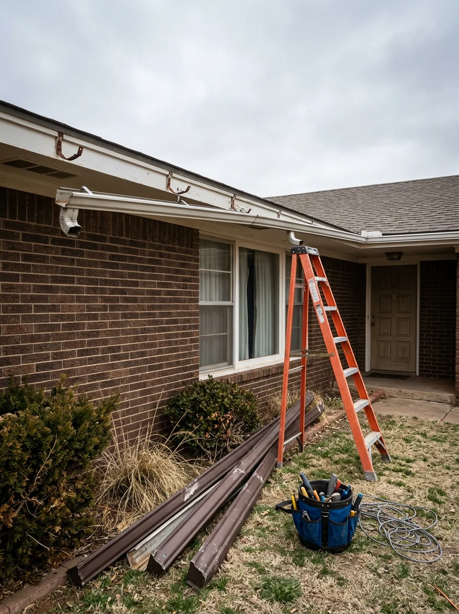 Roofing crew removing old sectional gutters from a 1970s-era Dumas, TX home in preparation for seamless gutter installation along the full eave length.