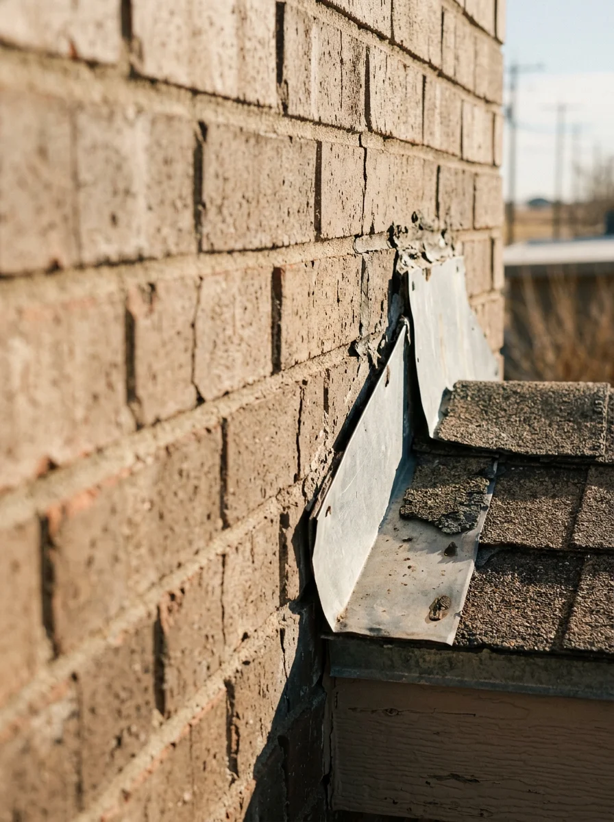 Roofing crew inspecting the flashing detail where a Pampa, TX brick home's roof meets the chimney, checking for separation and water entry points.