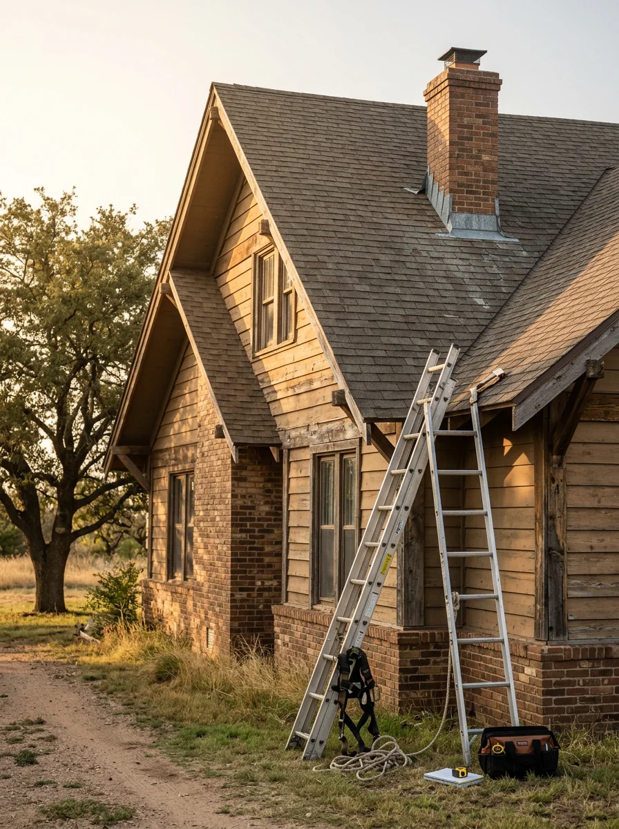 Roofing crew inspecting the steep-pitch roof of an older Craftsman-style home in Panhandle, TX, checking flashing around a chimney penetration.