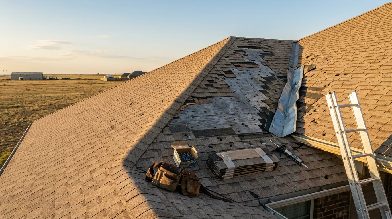 A VIP Roofing LLC crew member inspecting wind and hail damage on a residential roof in Amarillo, TX, with the flat Texas Panhandle landscape visible in the background. Close-up view shows missing shingles and exposed decking after a storm.