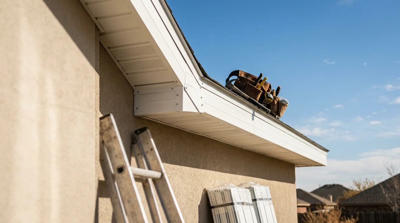 Newly installed white vinyl soffit and aluminum fascia wrap along the roofline of a single-story home in Amarillo, Texas. The finished panels run cleanly from the fascia edge back to the exterior wall with no visible gaps or seams.