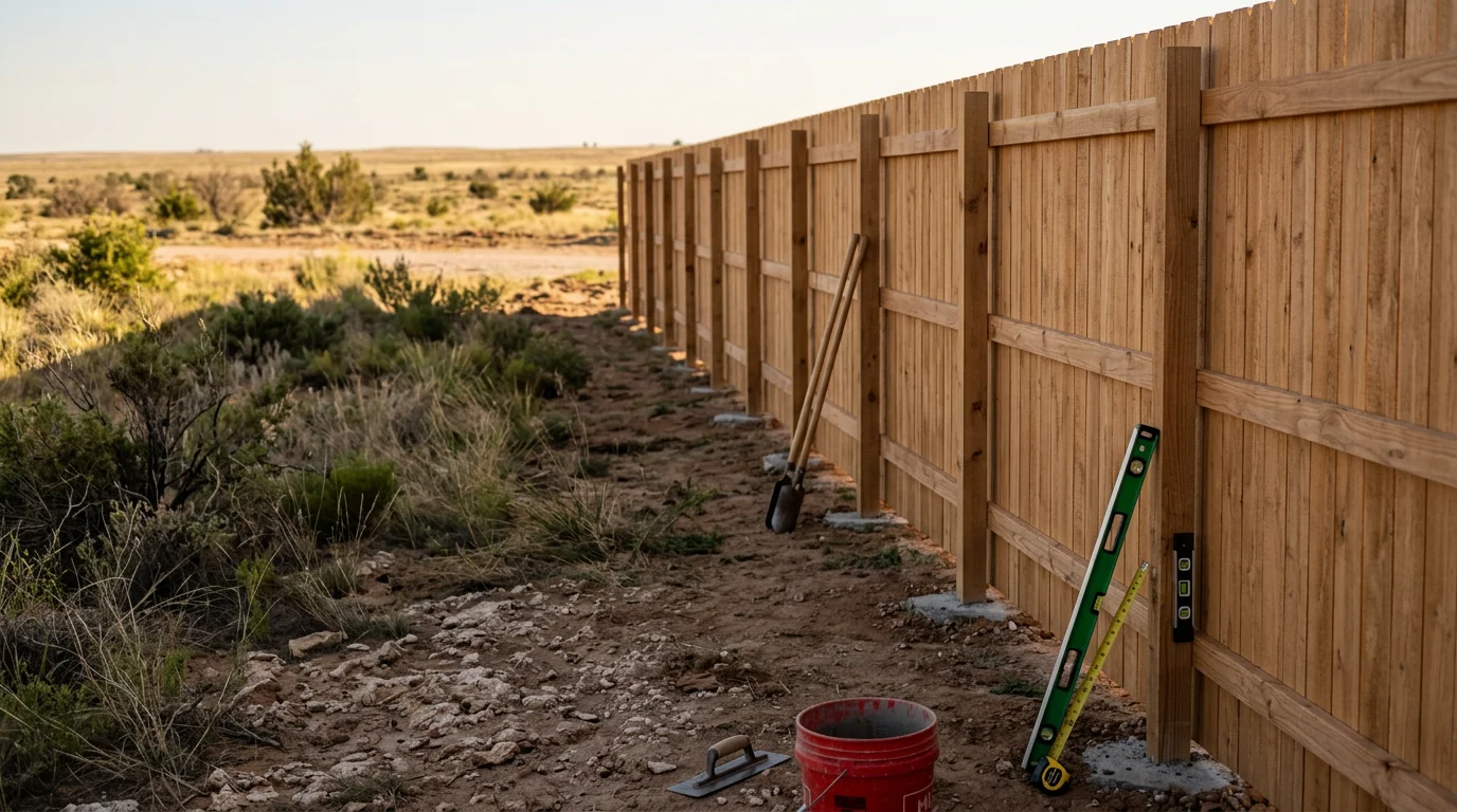A newly installed wood privacy fence with concrete-set posts in a residential backyard in Amarillo, Texas. The fence runs along the full rear property line under a wide Panhandle sky.