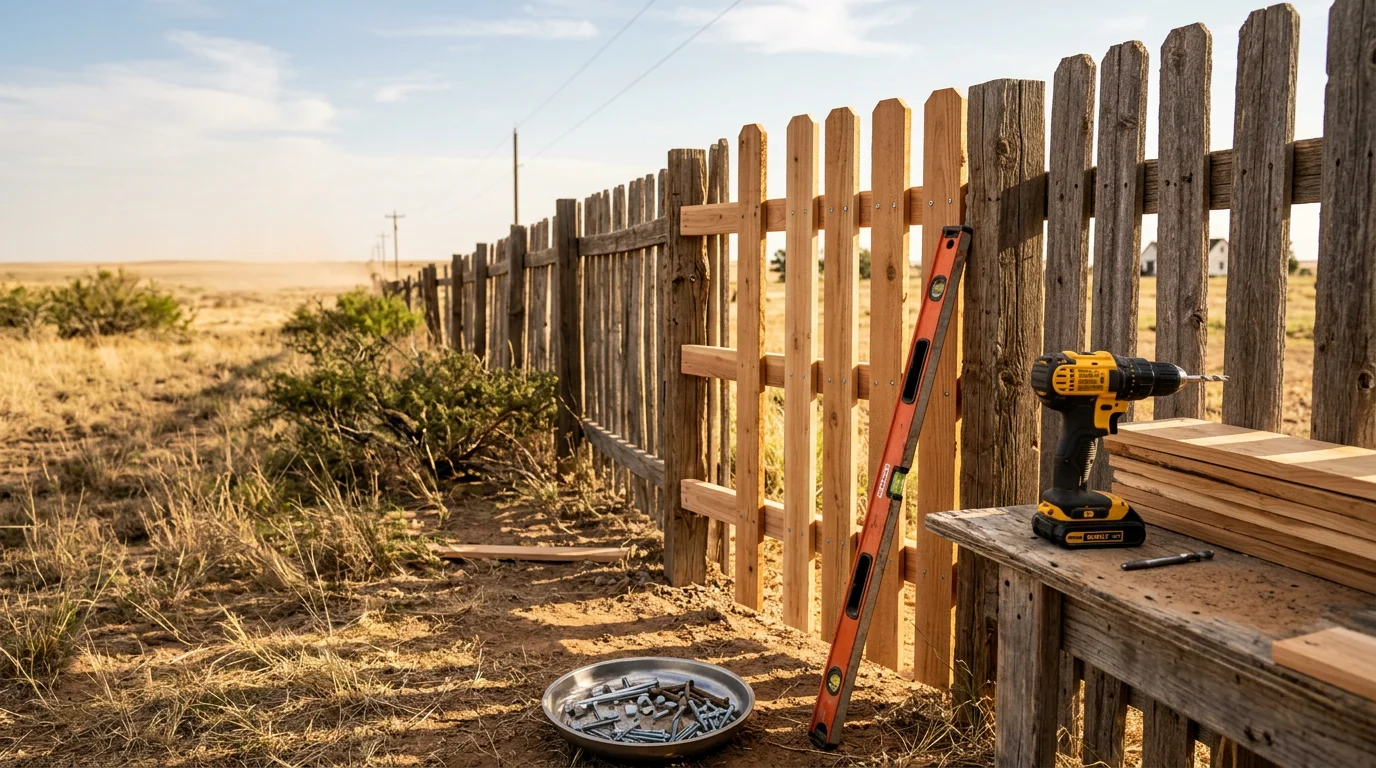 A repaired wood privacy fence in an Amarillo, TX backyard with straightened posts and replaced pickets after wind storm damage. The fence line runs along a residential property boundary under a clear High Plains sky.