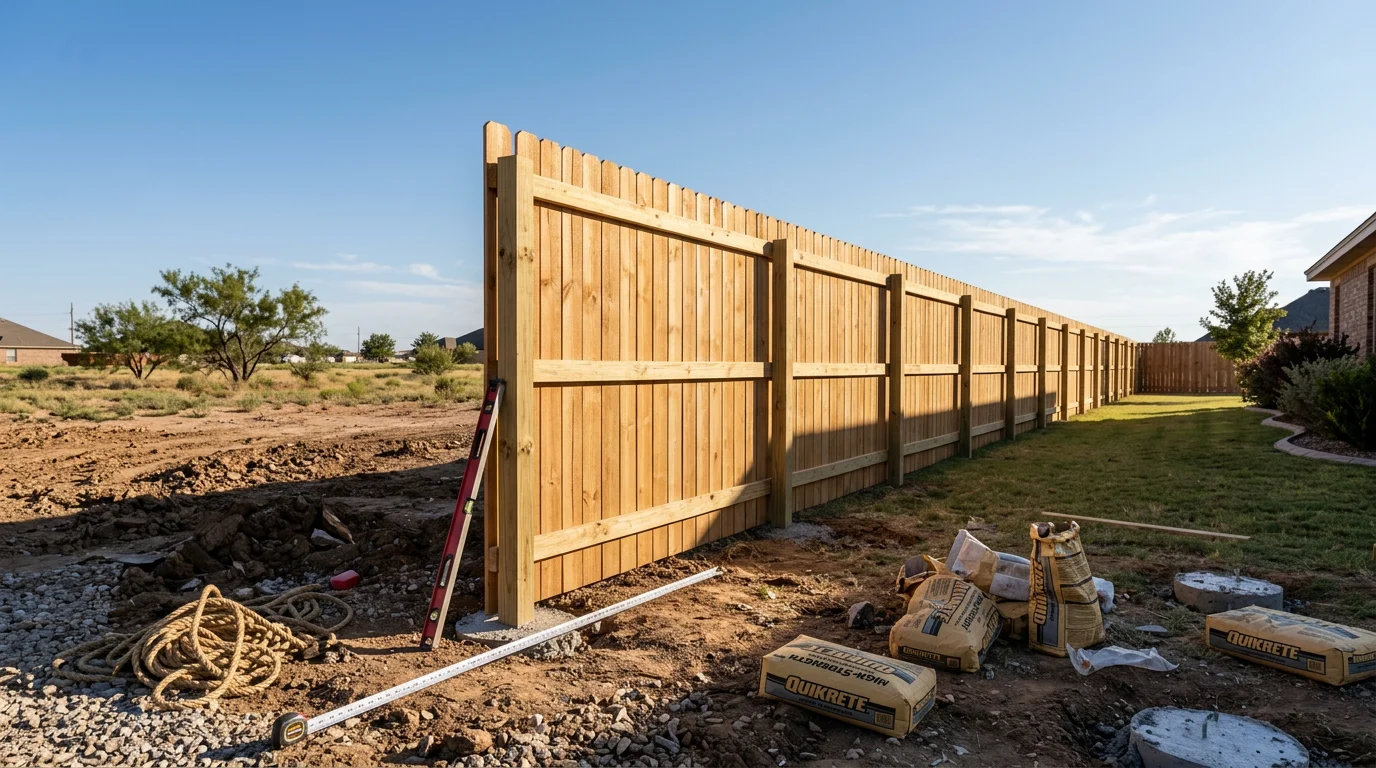 A newly replaced wooden privacy fence standing along the backyard boundary of a residential property in Amarillo, TX. The old fence posts and panels have been removed and replaced with a straight, fully secured fence line set against an open Panhandle sky.