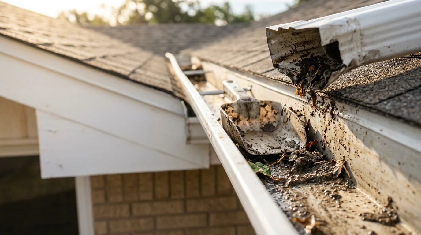 A VIP Roofing LLC crew member clearing compacted debris and silt from a residential K-style aluminum gutter on an Amarillo, TX home. The downspout is visible and free of blockages, with the Texas Panhandle sky in the background.