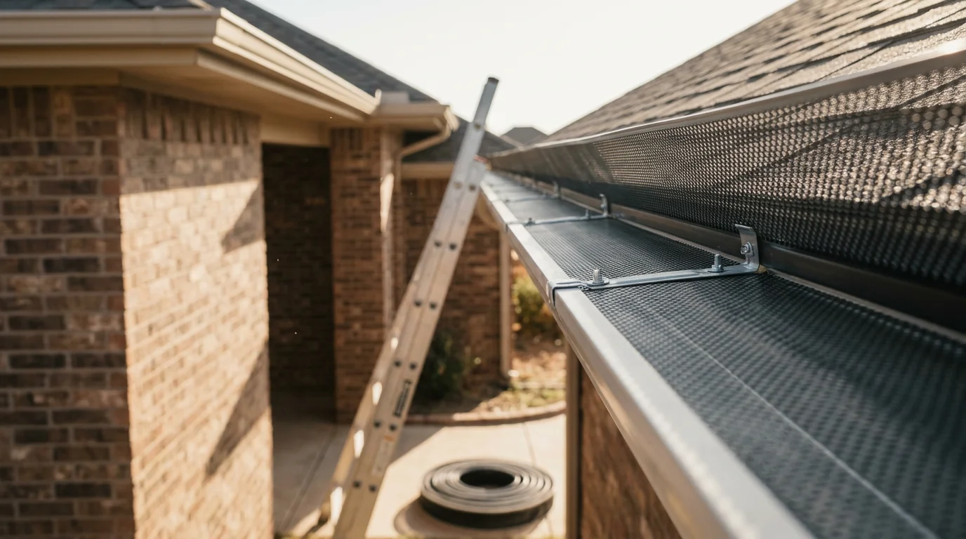 Gutter guard installed along the roofline of a single-story home in Amarillo, TX, with the flat Texas Panhandle landscape visible in the background. Close-up view shows the guard surface keeping debris out while the gutter channel below remains clear.