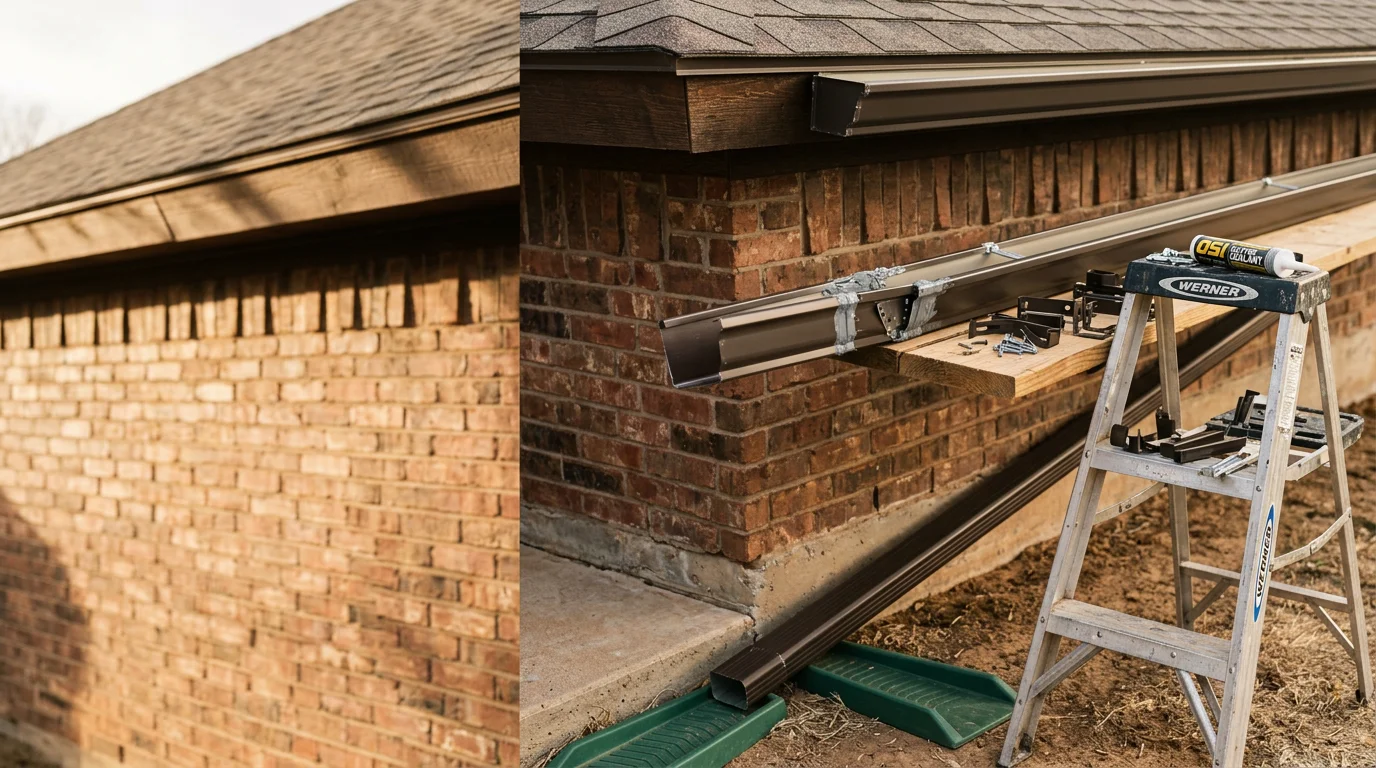 A repaired aluminum gutter section on an Amarillo, TX home, with a properly seated hanger and sealed seam running along the roofline. A downspout directs water away from the foundation toward the yard.