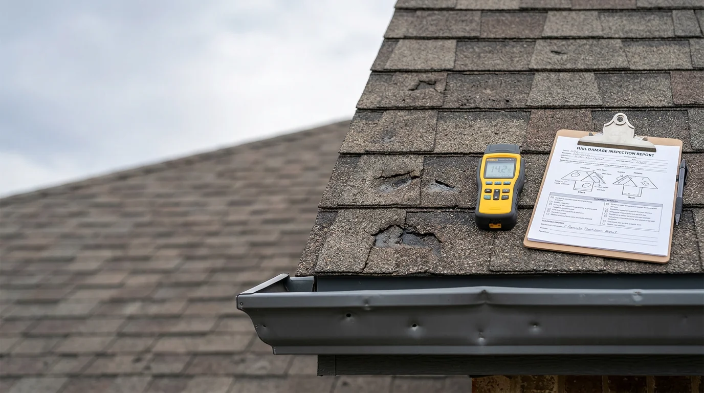 A residential roof in Amarillo, TX showing circular impact marks and granule loss on asphalt shingles after a hailstorm. A roofer from VIP Roofing LLC inspects the damaged surface up close.