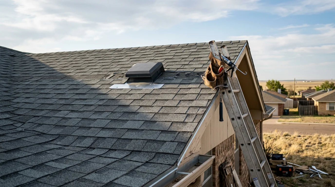 A VIP Roofing LLC crew member inspecting storm-damaged shingles and flashing on a residential roof in Amarillo, Texas. Close-up view shows hail impact marks and a repaired flashing seam along a roof edge.