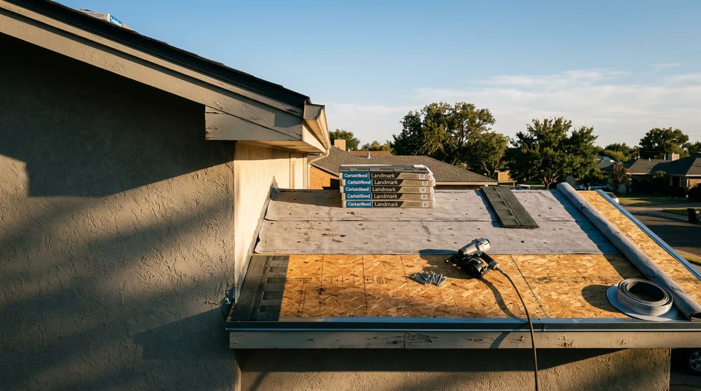 A completed residential roof replacement in Amarillo, TX showing new asphalt shingles installed across a pitched roof with clean ridge lines and finished flashing. The surrounding Panhandle landscape is visible in the background.