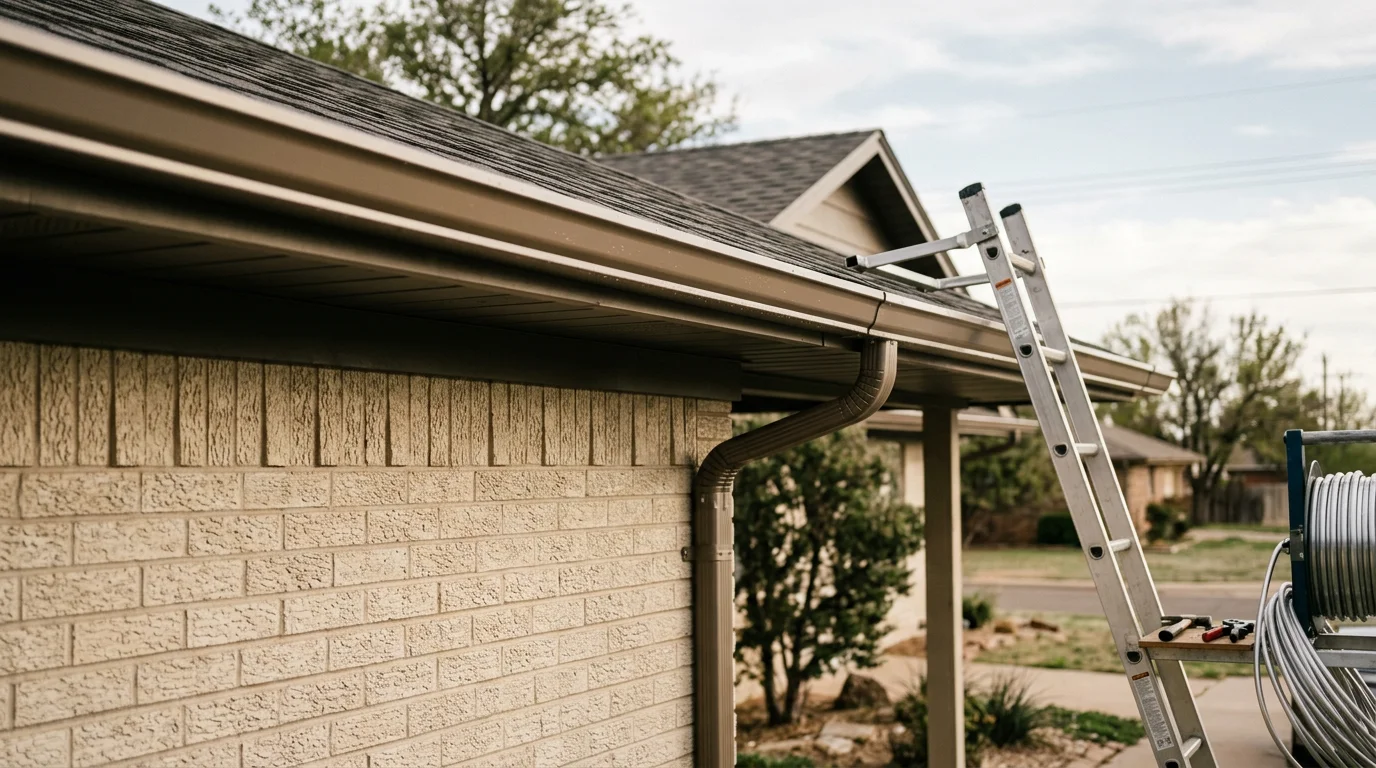 Freshly installed seamless aluminum gutters running along the roofline of a single-story home in Amarillo, Texas. Downspouts direct water away from the foundation toward the yard on a clear Panhandle afternoon.