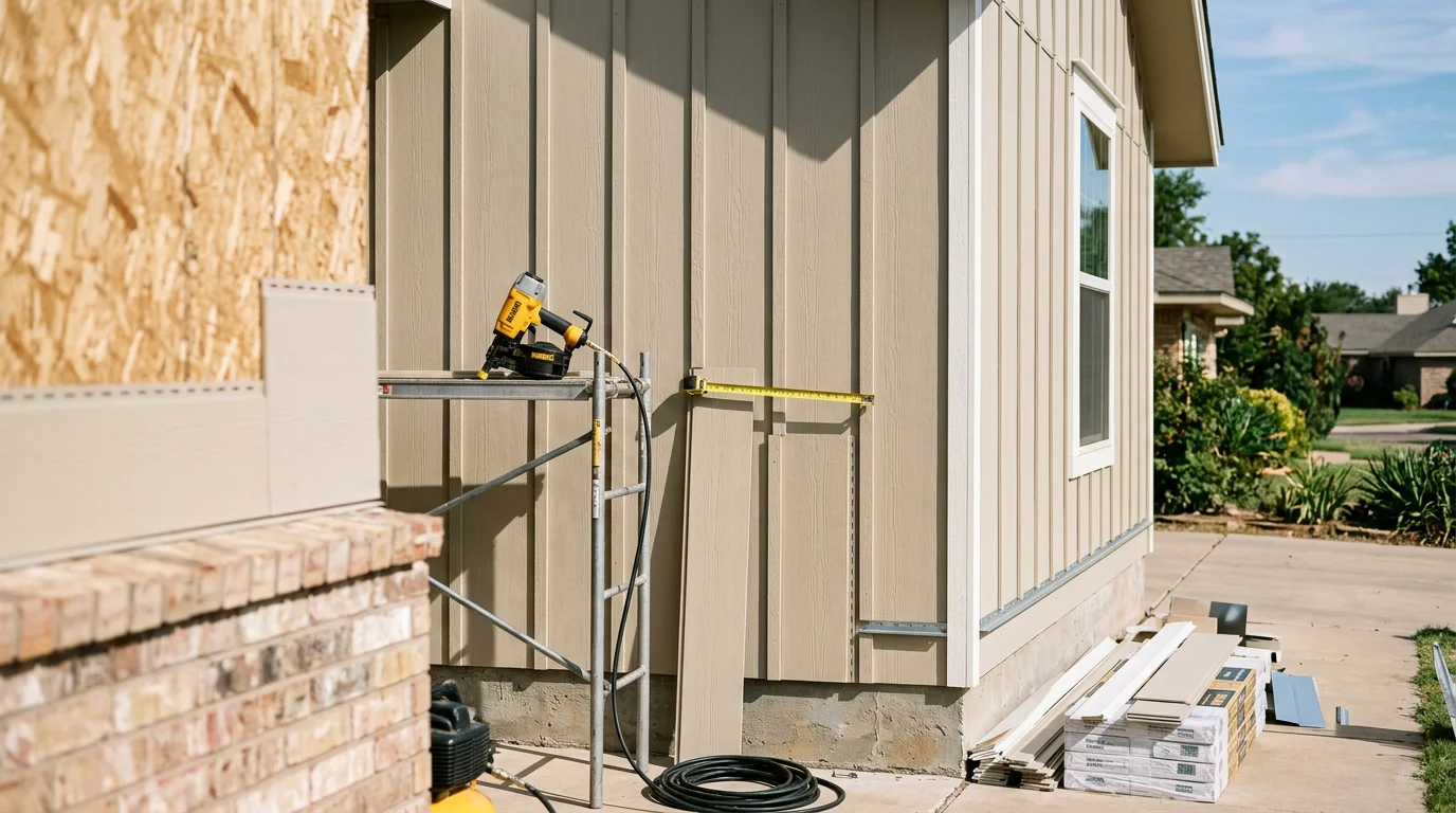 Newly installed fiber cement siding on a single-family home in Amarillo, TX, showing clean panel alignment and finished trim around windows. The completed exterior reflects a full siding installation on a Panhandle-area property.