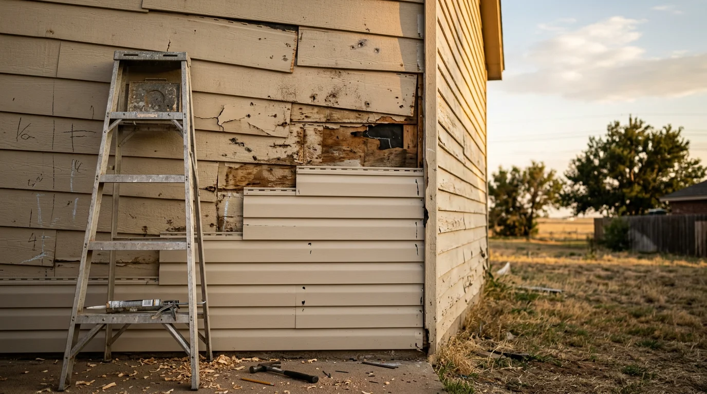 Close-up view of repaired fiber cement siding panels on a residential home in Amarillo, TX, showing restored exterior surface after hail and wind damage. The repaired section blends with the surrounding panels along the front elevation of the house.