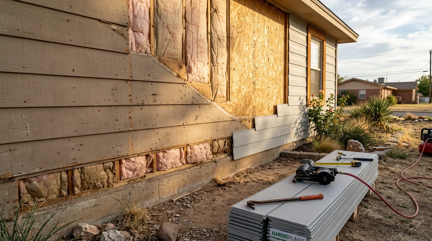 Freshly completed siding replacement on a single-story home in Amarillo, TX, showing clean panel lines and new exterior trim. The finished exterior reflects the kind of hands-on workmanship VIP Roofing LLC brings to Texas Panhandle properties.