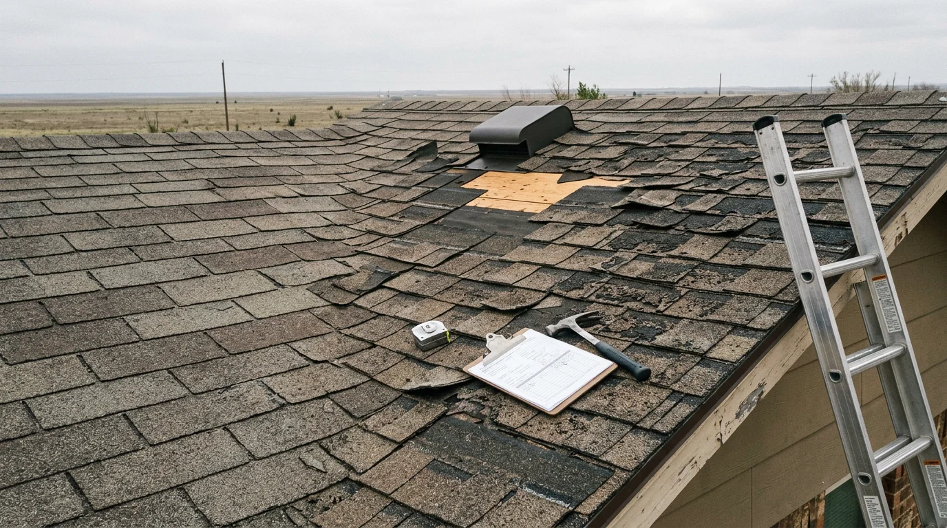 A residential roof in Amarillo, Texas showing repaired shingles and restored flashing after hail and wind storm damage. A VIP Roofing LLC crew member inspects the completed repair on a clear Texas Panhandle day.